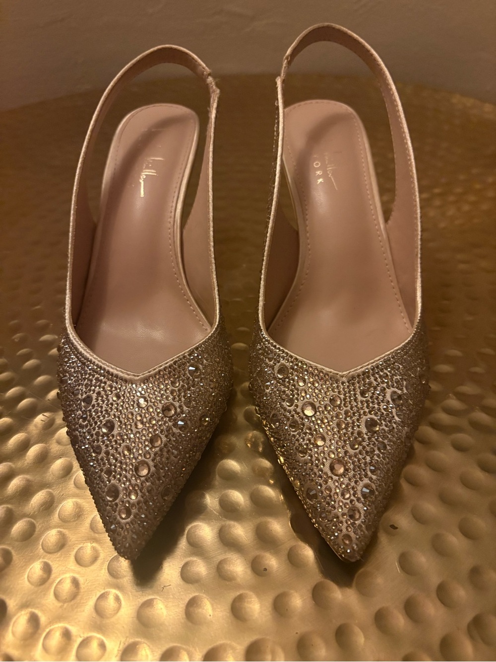 Nicole Miller Gold Sparkle Embellished Slingback Heels - Champagne Size 8